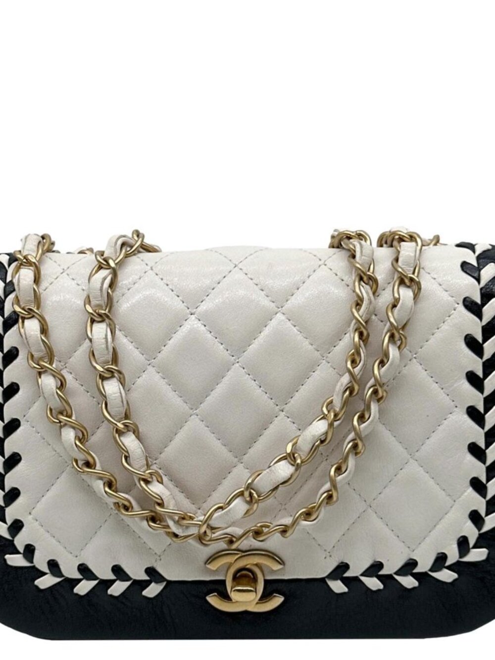 Chanel  Braided Saddle Flap Quilted Lambskin Crossbody Bag Bicolor